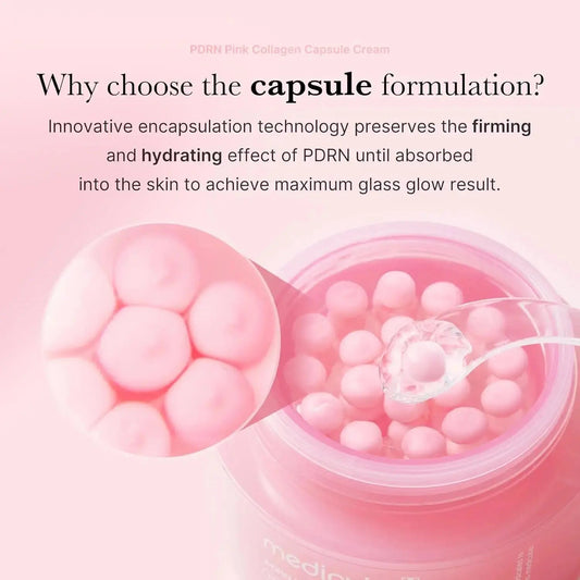 Medicube PDRN Pink Collagen Capsule Cream in a 55g jar, showing the pink and white cream with capsule design for skin rejuvenation.