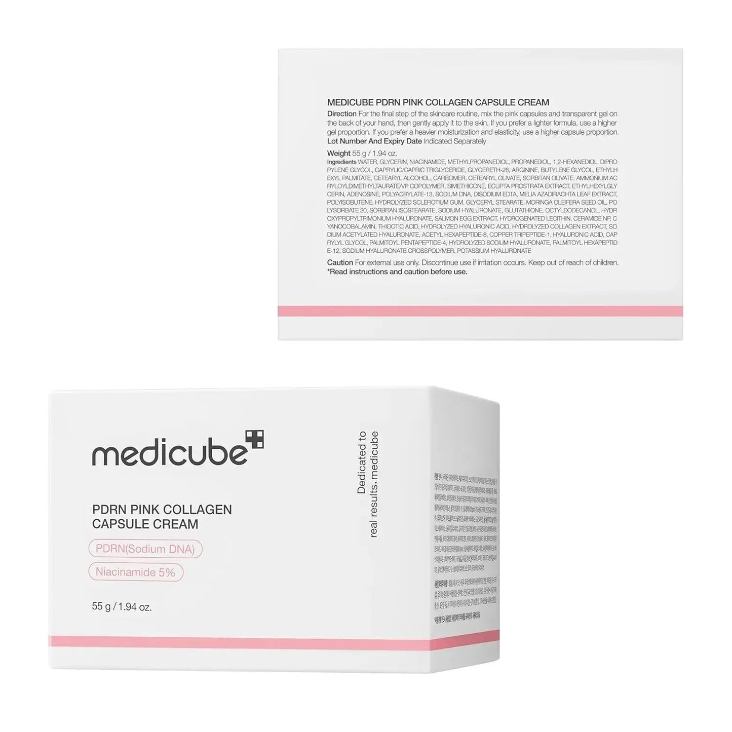 Medicube PDRN Pink Collagen Capsule Cream in a 55g jar, showcasing the skincare cream with pink capsules and a smooth texture.