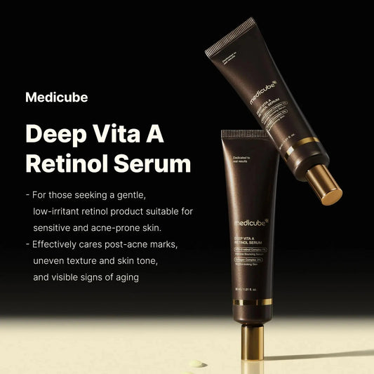 Medicube Deep Vita A Retinol Serum 30ml, a skincare product in a clear bottle with a dropper for anti-aging benefits.
