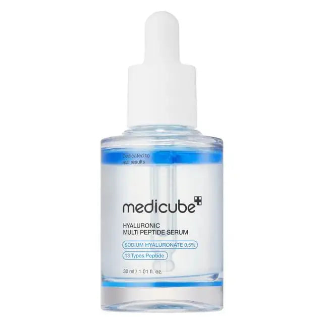 Medicube Hyaluronic Multi Peptide Serum 30 ml bottle with clear packaging and dropper applicator for hydrating skincare.