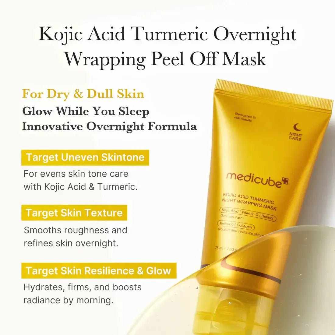 Medicube Kojic Acid Turmeric Night Wrapping Mask in 75ml jar, creamy skincare mask featuring brightening and soothing ingredients.