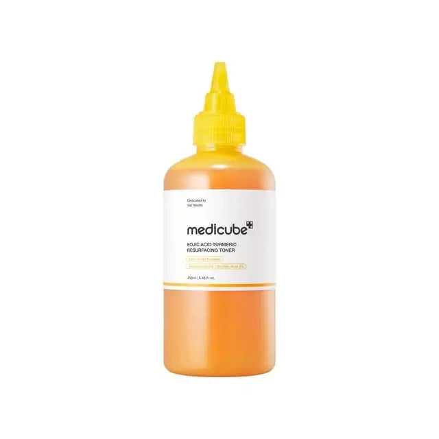Medicube Kojic Acid Turmeric Resurfacing Toner bottle, 250 ml, with clear label and product details visible.