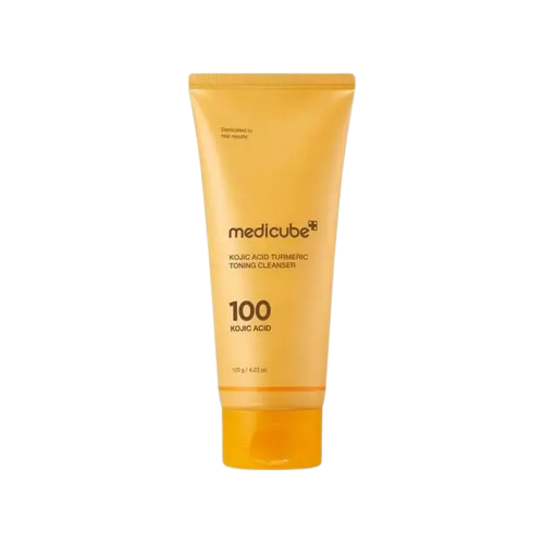 Medicube Turmeric Glow skincare set featuring toner, cleanser, and skincare products in a white and gold packaging.