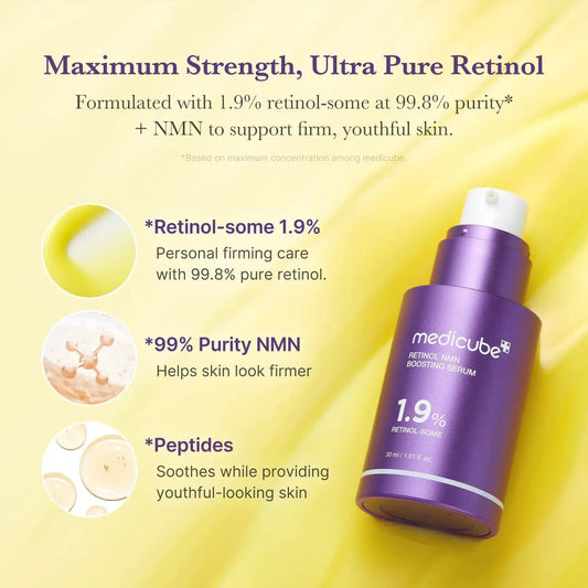 Medicube Retinol NMN Radiance Booster serum in a 30ml bottle, featuring a clear dropper and sleek packaging for skin revitalization.
