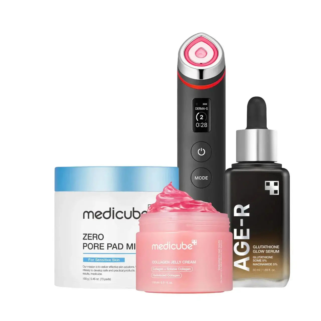 Medicube Ultimate Glow & Firmness Set featuring skincare products for radiant, firm skin in a comprehensive skincare set.
