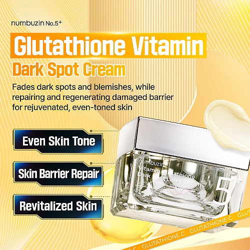 Numbuzin No.5 Vitamin Glutathione dark spot cream in a jar, designed to brighten skin and reduce dark spots.