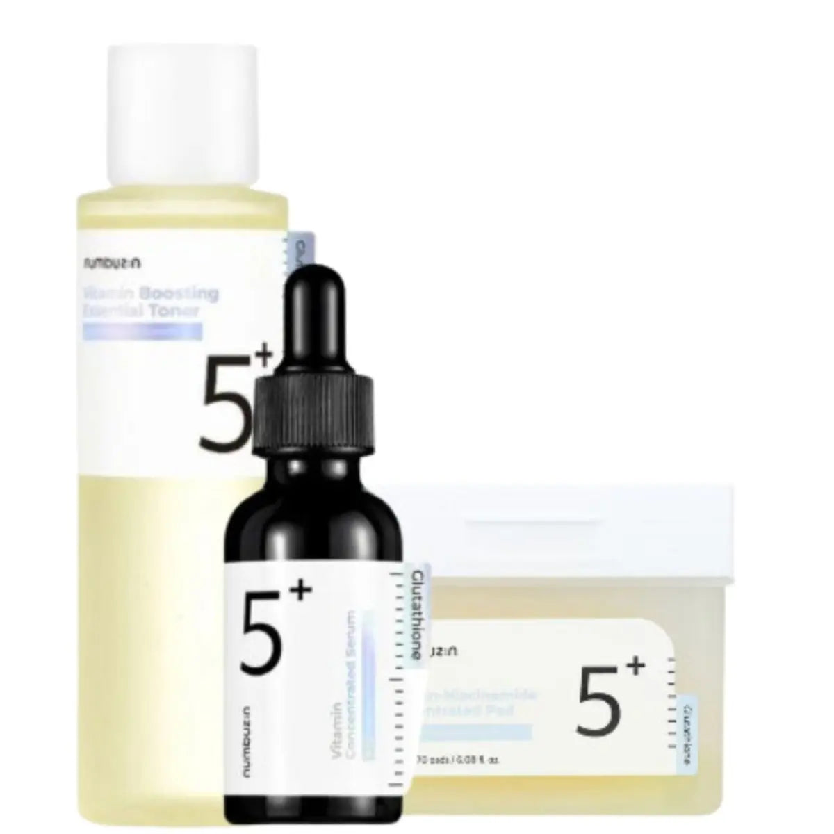 Numbuzin Vitamin Boosting Toner, Contrasted Serum, and Concentrated Pad set, featuring skincare products with vibrant packaging.