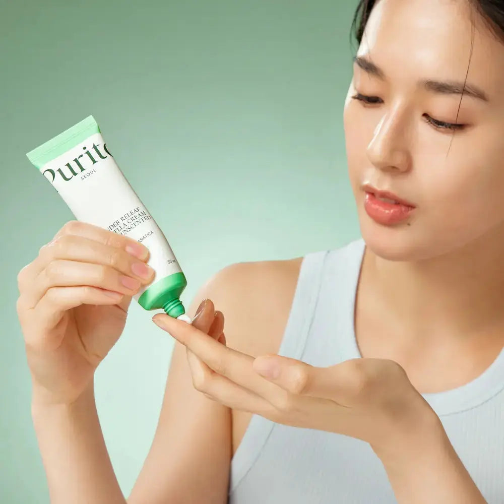 PURITO Wonder Releaf Centella Cream Unscented 50 ml jar showing the moisturizer container with product label and white lid.