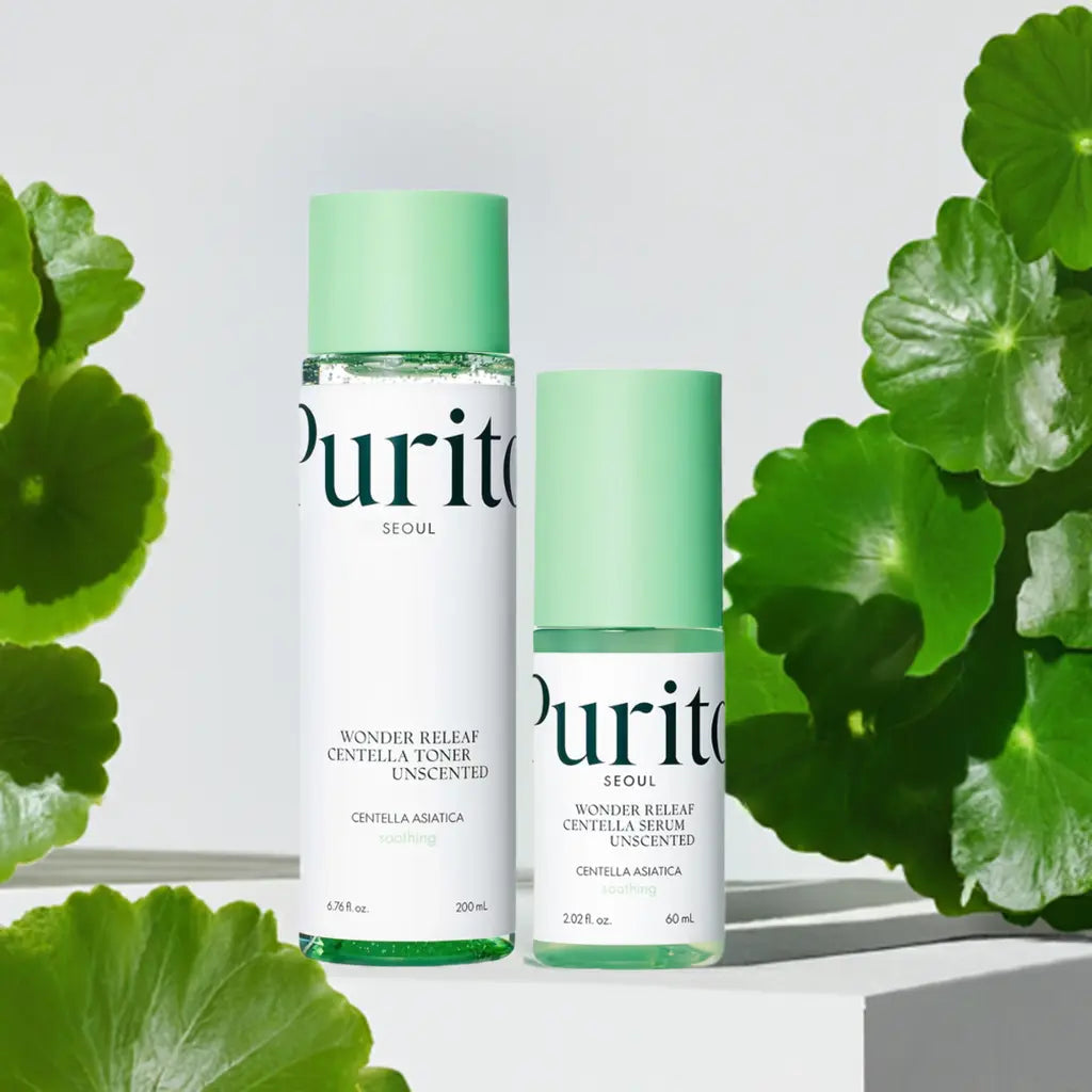 Purito Wonder Releaf Centella Unscented Toner and Serum set, featuring calming skincare with centella in a clear bottle