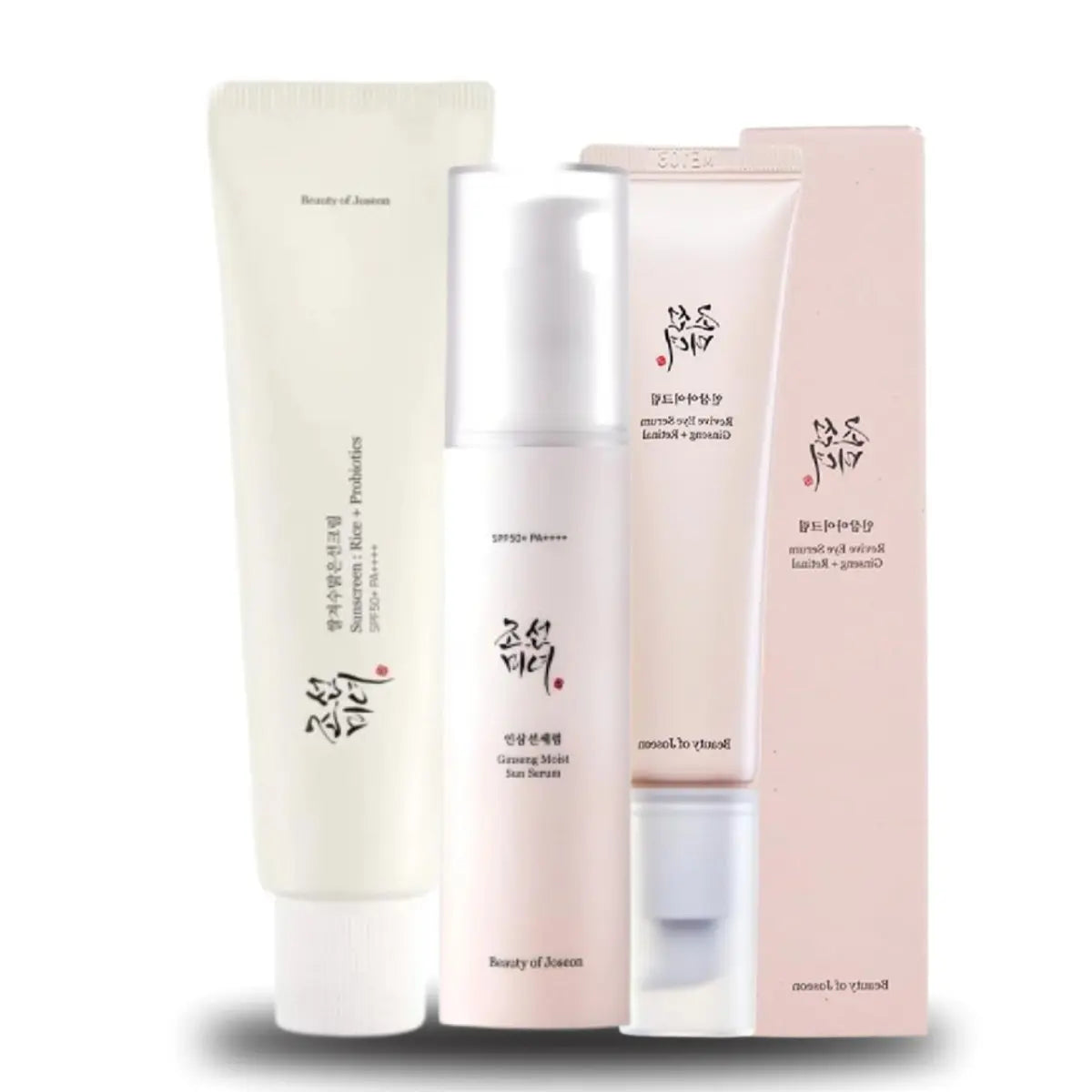 Beauty of Joseon skincare set with Revive Eye Serum, Ginseng Moise Sun Serum, and Relief Sun with rice and probiotics.