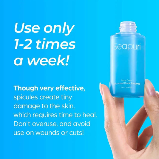 SEAPURI Spicuraxel Pore Ampoule 30ml for skincare, featuring clear bottle with dropper, designed to reduce pore appearance.