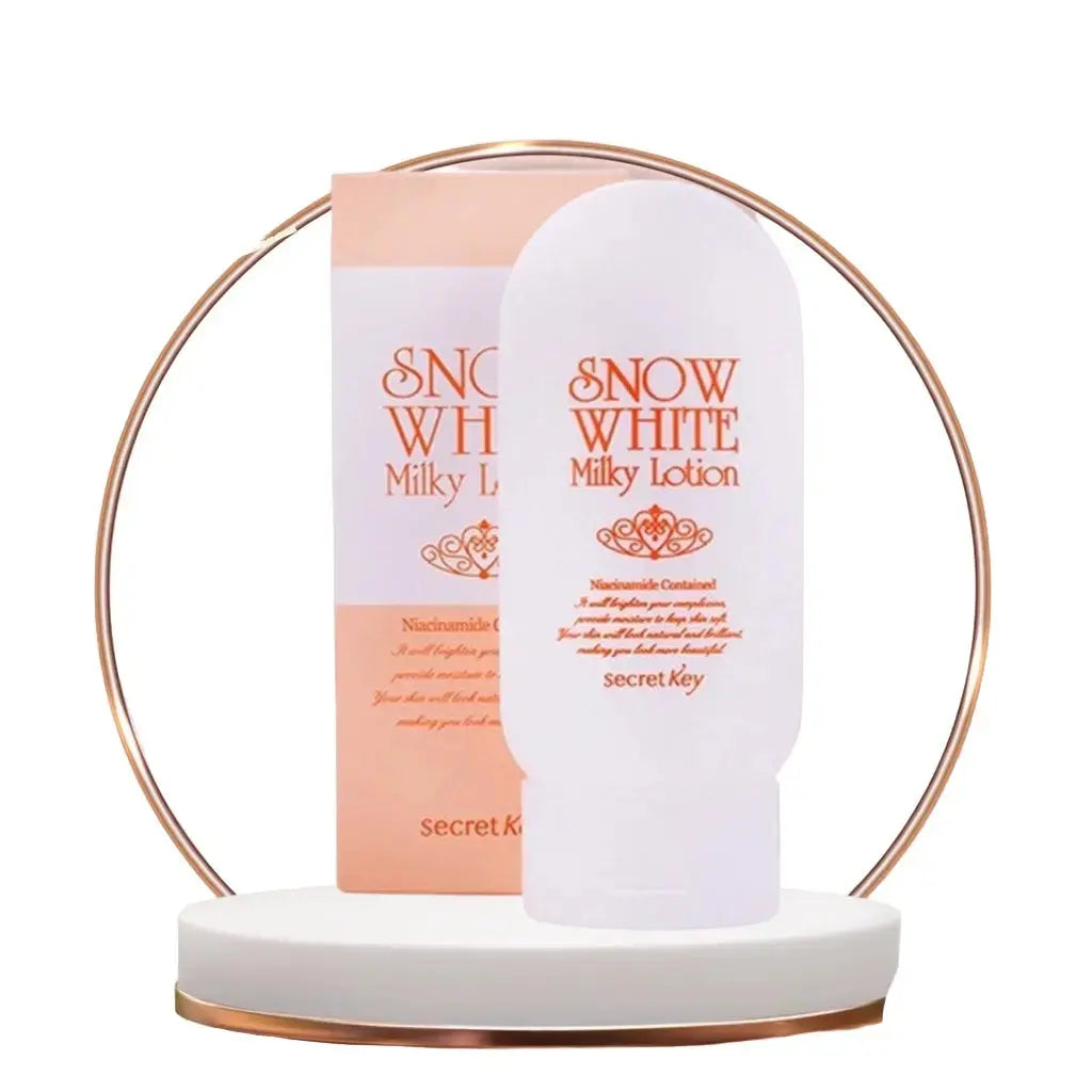 Secret Key Snow White Milky Lotion 120ml in a white bottle, featuring a pump dispenser and Korean skincare branding.