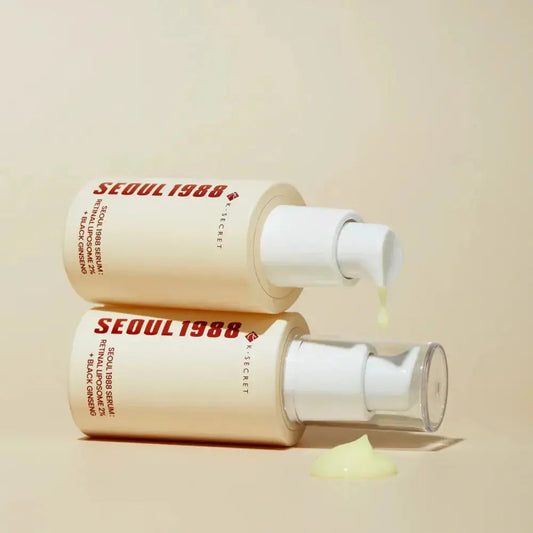SEOUL 1988 Serum with Retinal Liposome 2% and Black Ginseng in a 30 ml bottle, showing the serum's sleek packaging and dropper applicator.