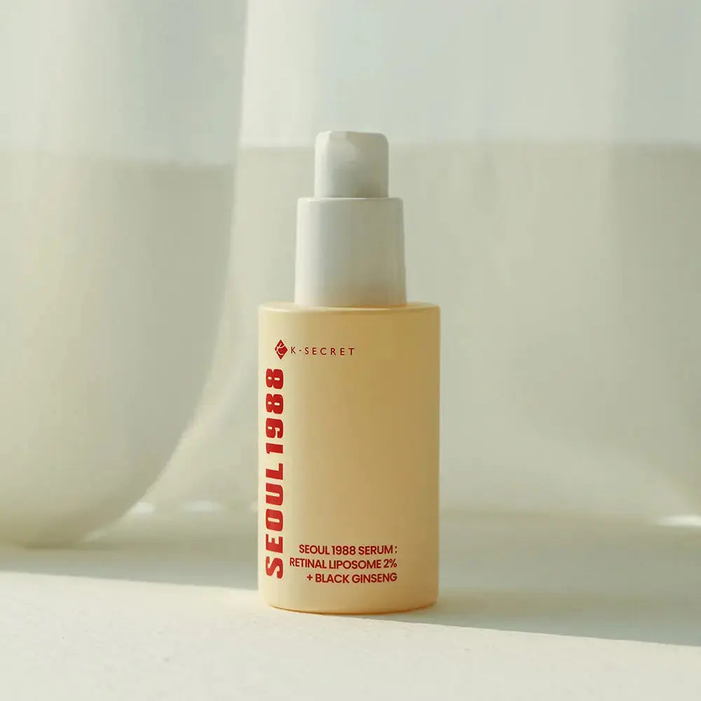 SEOUL 1988 Serum with Retinal Liposome 2% and Black Ginseng in a 30 ml bottle, showcasing the serum's packaging and design.