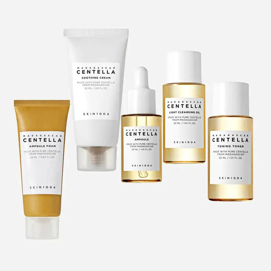 SKIN1004 Madagascar Centella Travel Kit with skincare products and travel pouch, featuring Centella Asiatica extract for soothing skin.