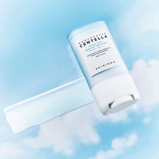 SKIN 1004 Madagascar Centella Hyalu-Cica Silky-Fit Sun Stick, a portable sun protection stick with soothing ingredients and silky texture.