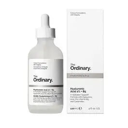 Bottle of THE ORDINARY Hyaluronic Acid 2% + B5 serum, 120 ml, with clear label and dropper for skincare hydration application.