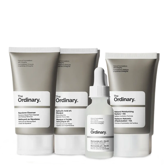 The Ordinary The Balance Set featuring skincare products with minimalist bottles and labels, arranged on a clean surface.