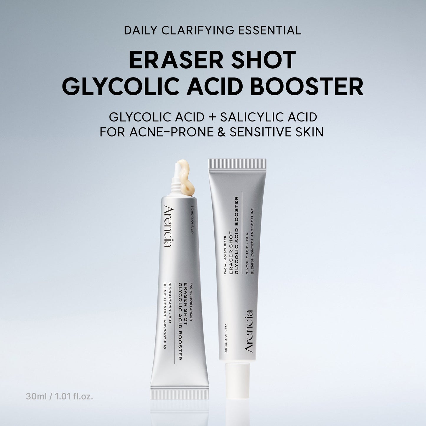 ARENCIA Eraser Shot Glycolic Acid Booster 30ml bottle with clear label and dropper applicator on white background