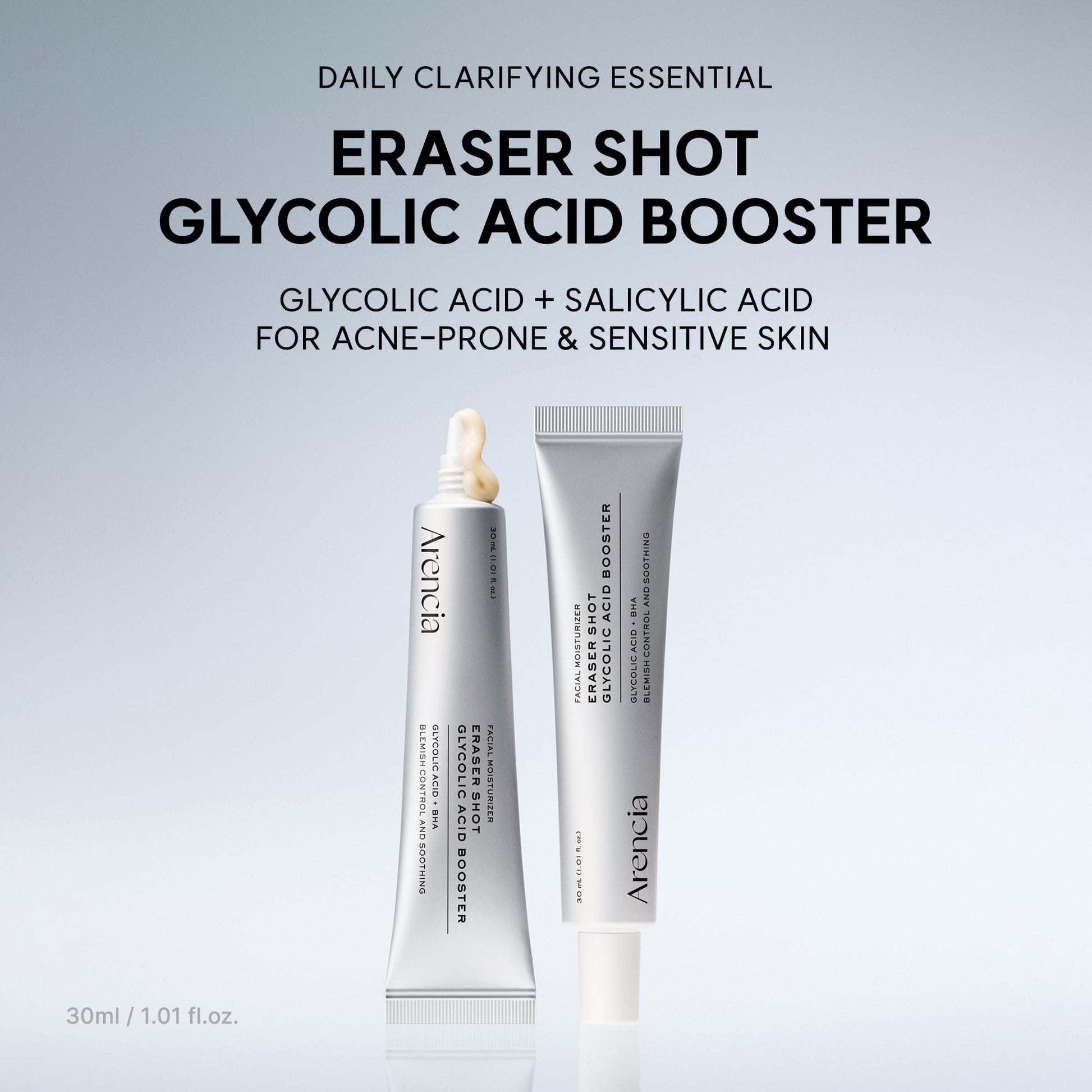 ARENCIA Eraser Shot Glycolic Acid Booster 30ml bottle with clear label and dropper applicator on white background