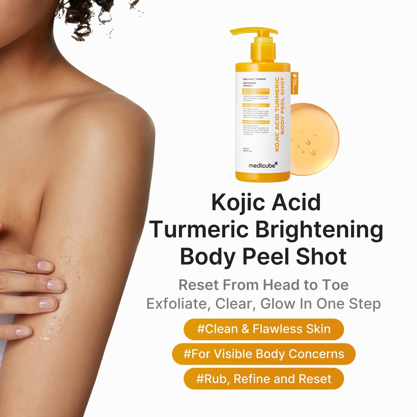 Medicure Kojic Acid and Turmeric Peel Shot Duo bottles with labels, skincare products for brightening and skin renewal.