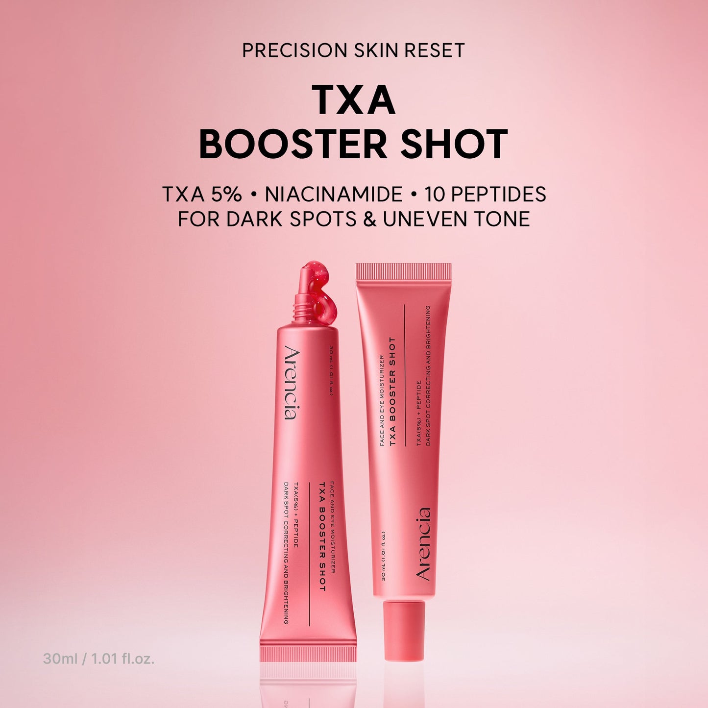 ARENCIA TXA Booster Shot 30ml bottle, clear liquid supplement in a small plastic container with a white cap.