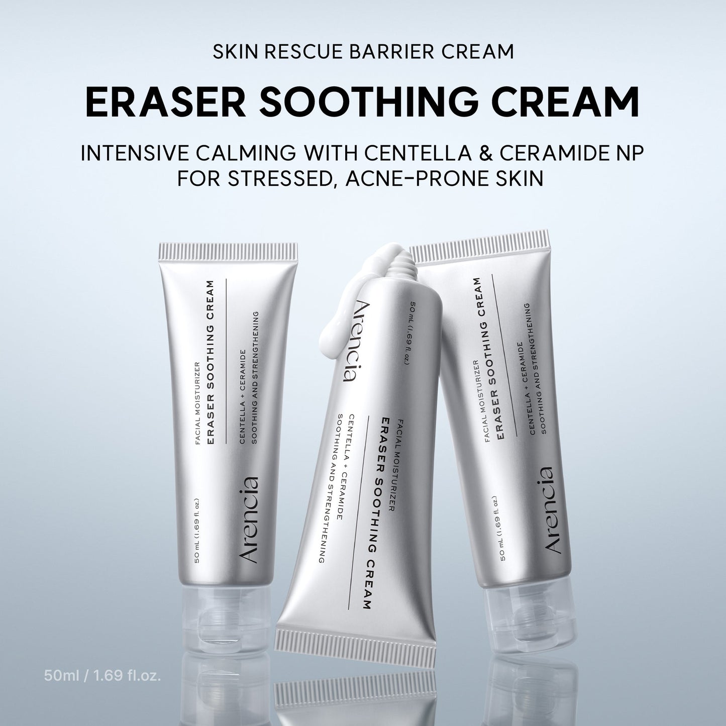 ARENCIA Eraser Soothing Cream jar showing the product label and cream inside, designed for gentle skin soothing.