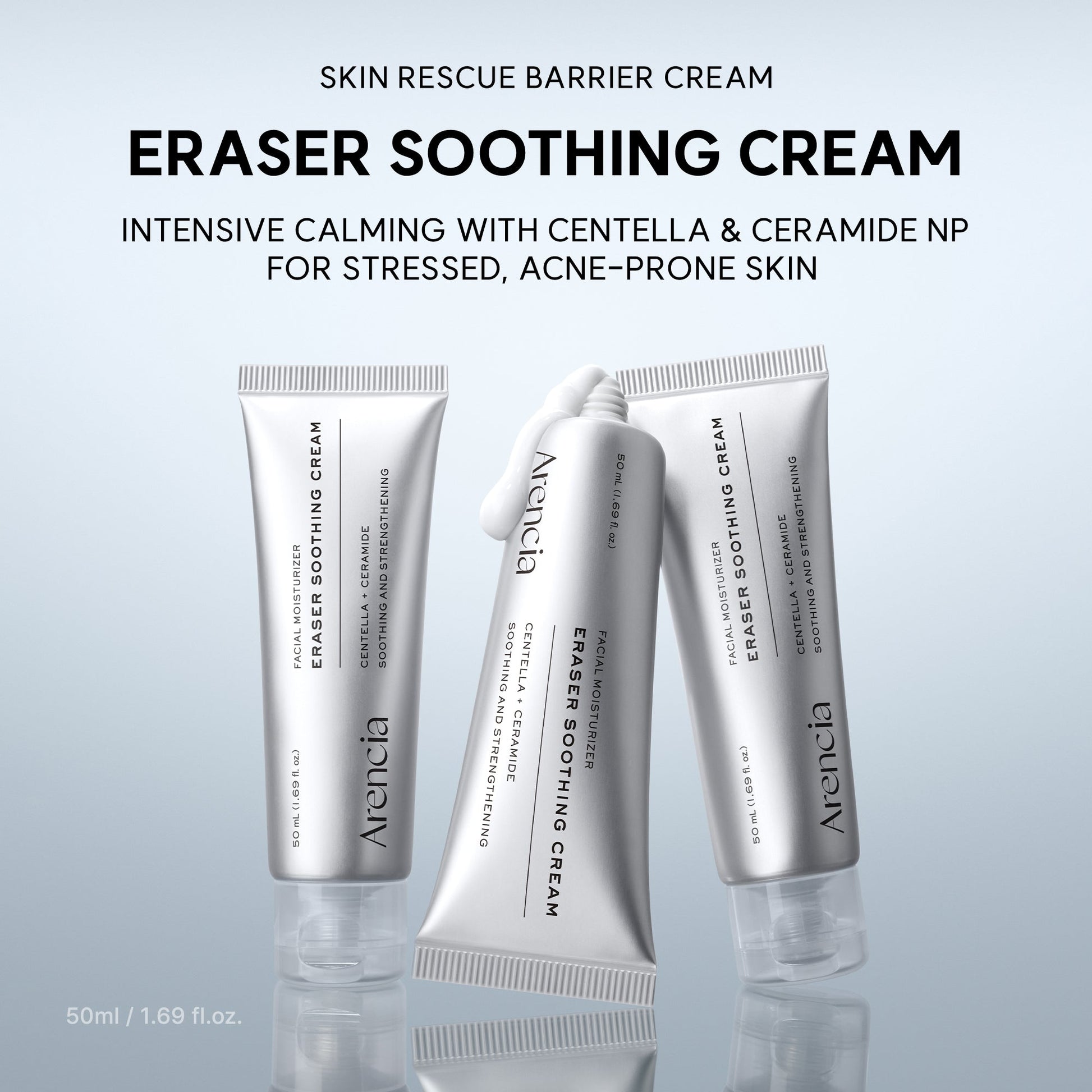 ARENCIA Eraser Soothing Cream jar showing the product label and cream inside, designed for gentle skin soothing.