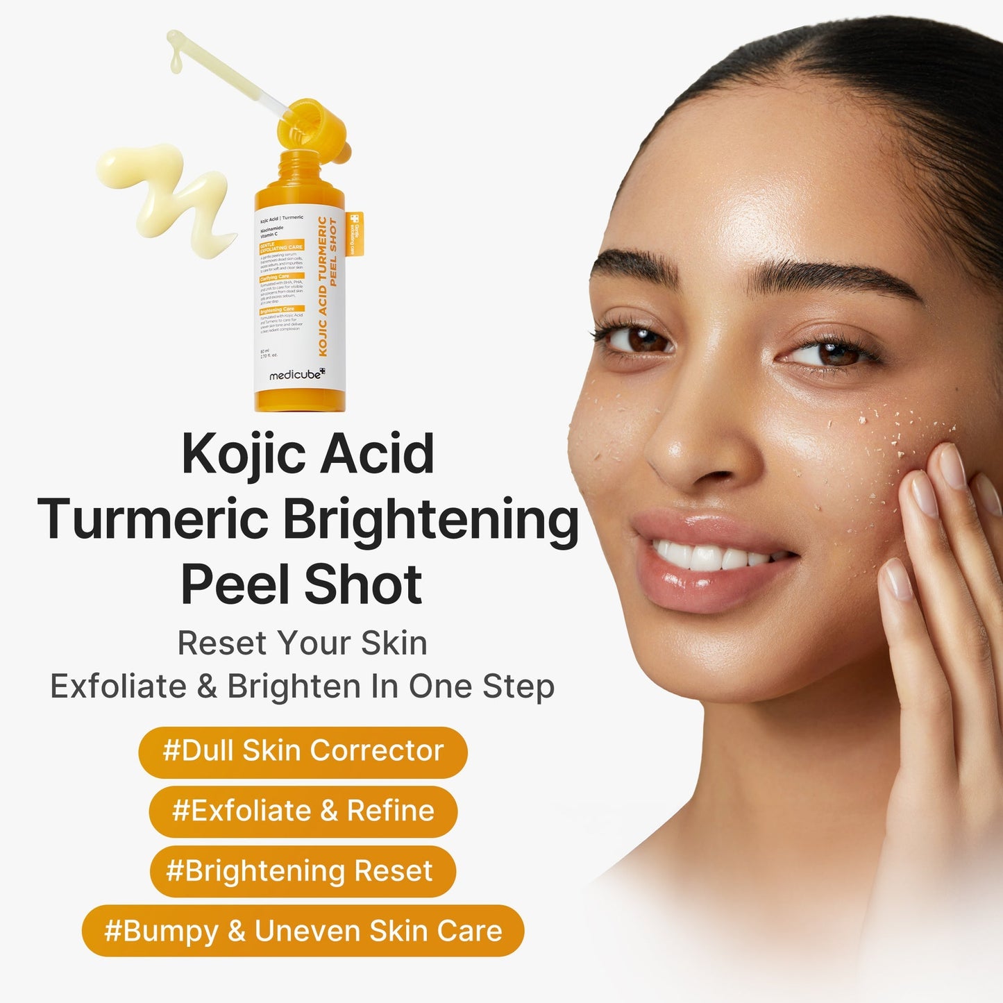 Medicube Kojic Acid and Turmeric Peel Shot Duo bottles with labels, designed for brightening and skin exfoliation.