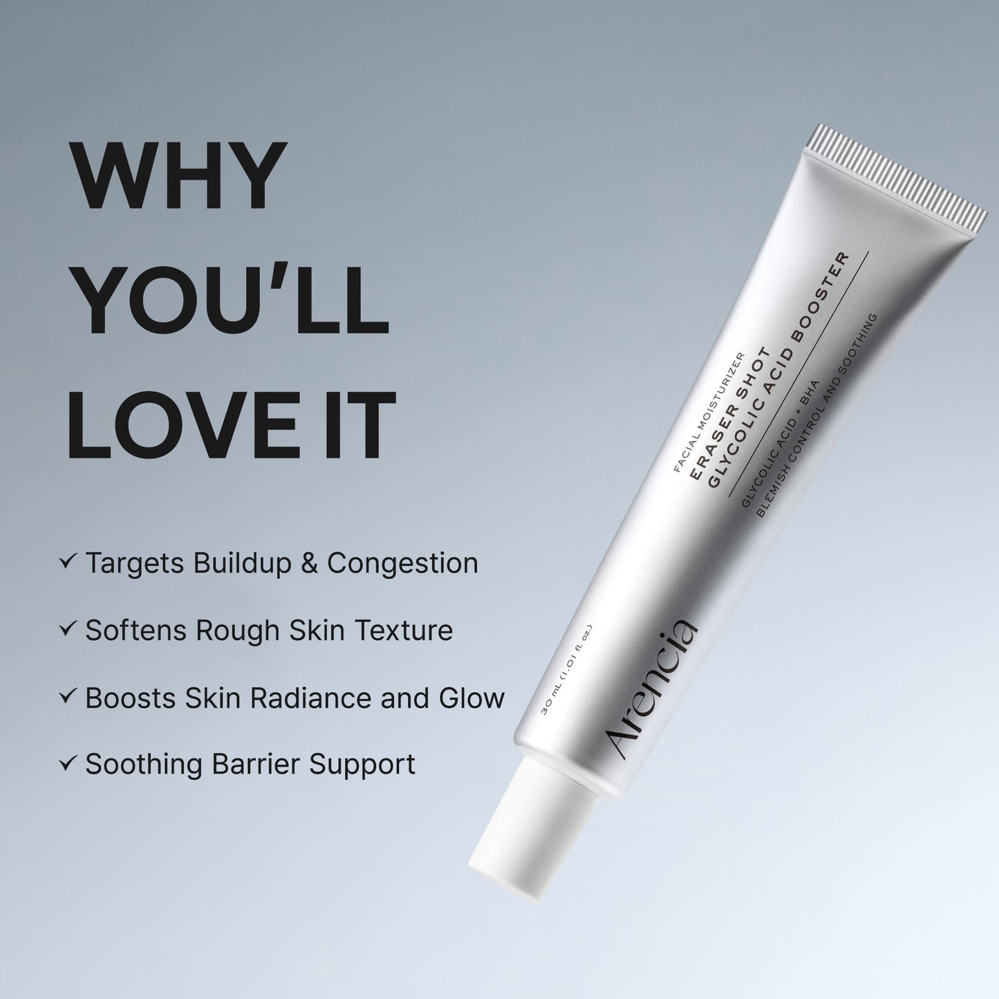 ARENCIA Eraser Shot Glycolic Acid Booster 30ml bottle with dropper, focused on the skincare product for exfoliation and skin renewal.