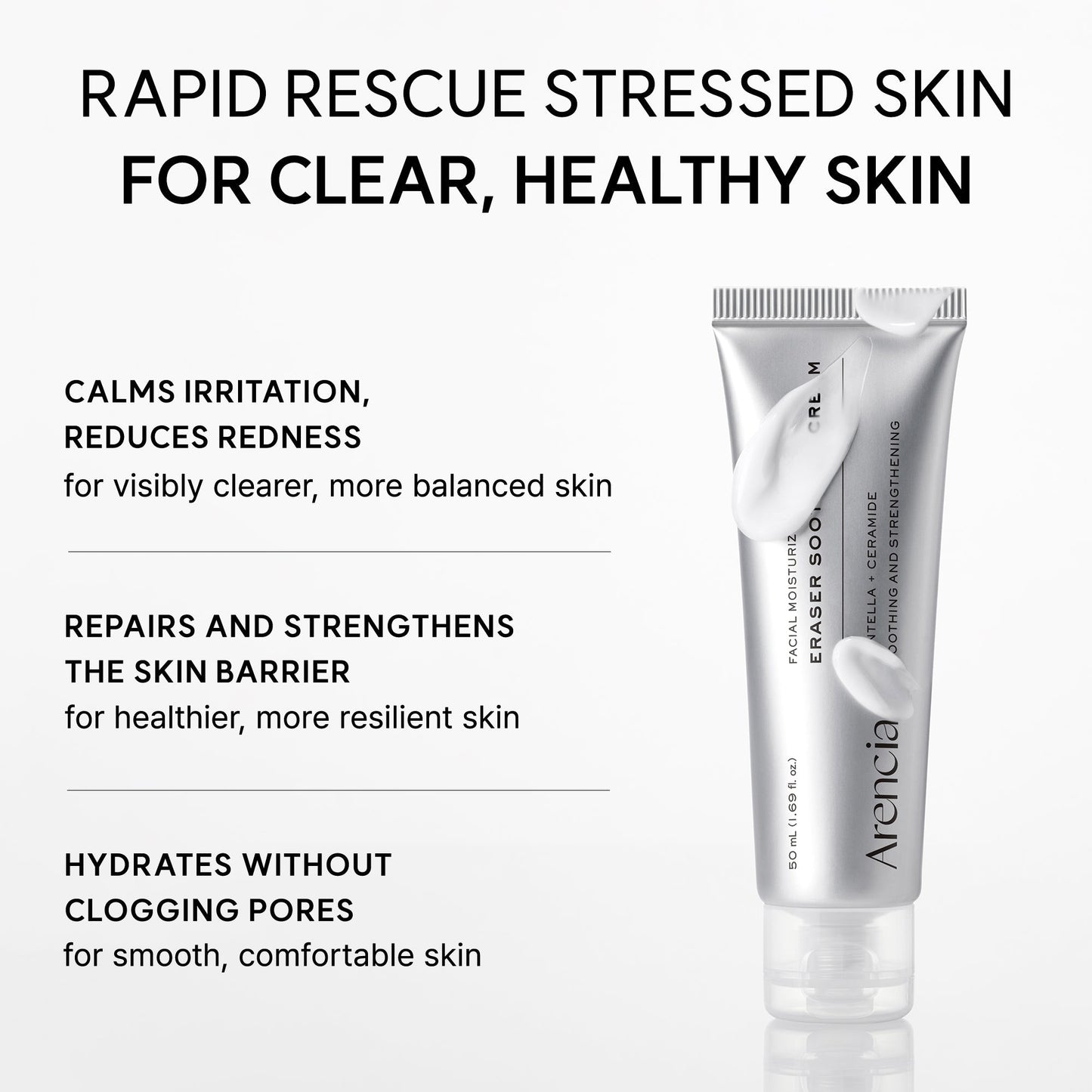 ARENCIA Eraser Soothing Cream in a white jar with a green label, designed for gentle skin soothing and hydration.