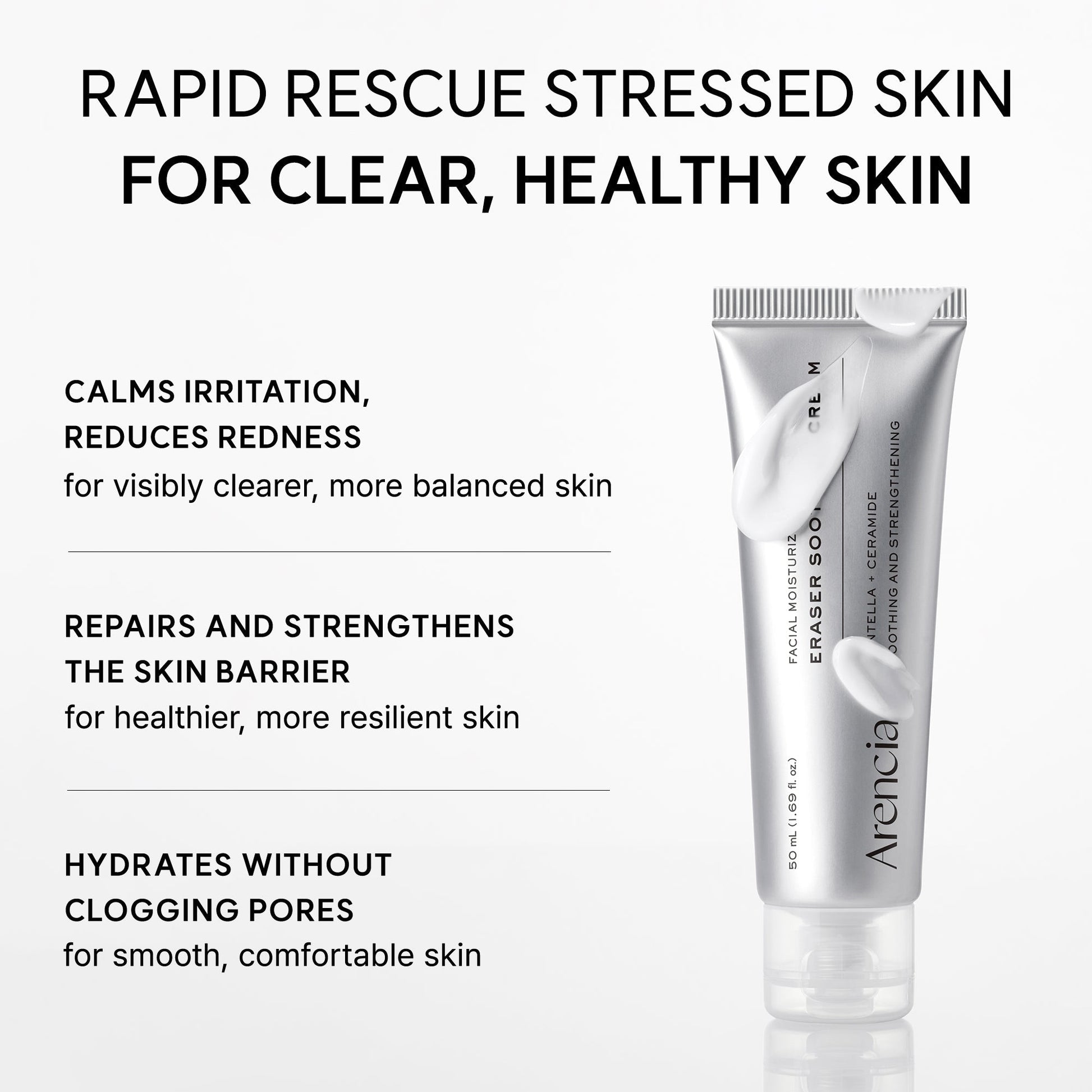 ARENCIA Eraser Soothing Cream in a white jar with a green label, designed for gentle skin soothing and hydration.