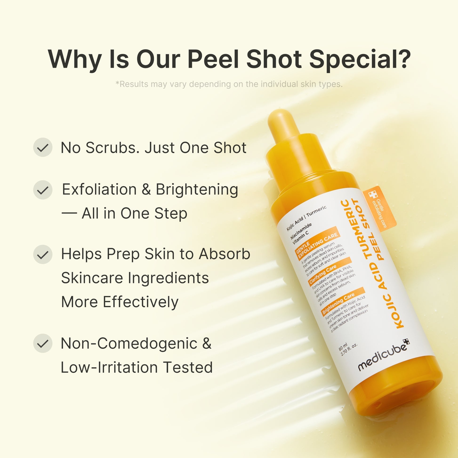 Medicube Kojic Acid and Turmeric Peel Shot Duo bottles with labels, skincare product for brightening and skin renewal.