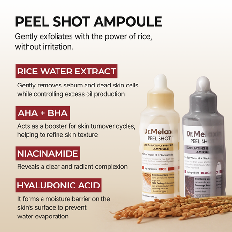 Dr.Melaxin Peel Shot Exfoliating Glow Rice Line product image showing the sleek bottle with a clear liquid and rice extract label.
