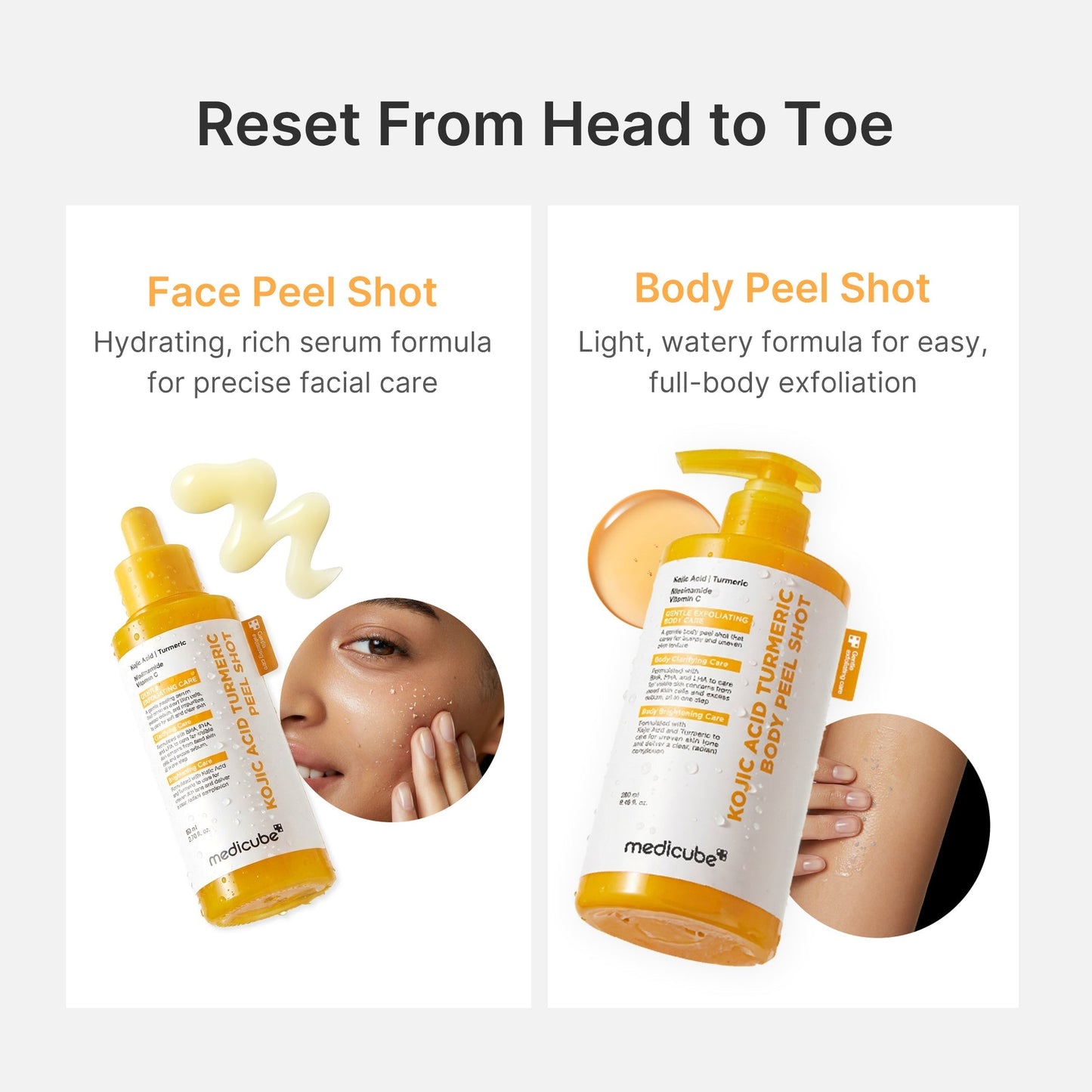 Medicube Kojic Acid & Turmeric Peel Shot Duo bottles with labels, skincare products for brightening and exfoliating.