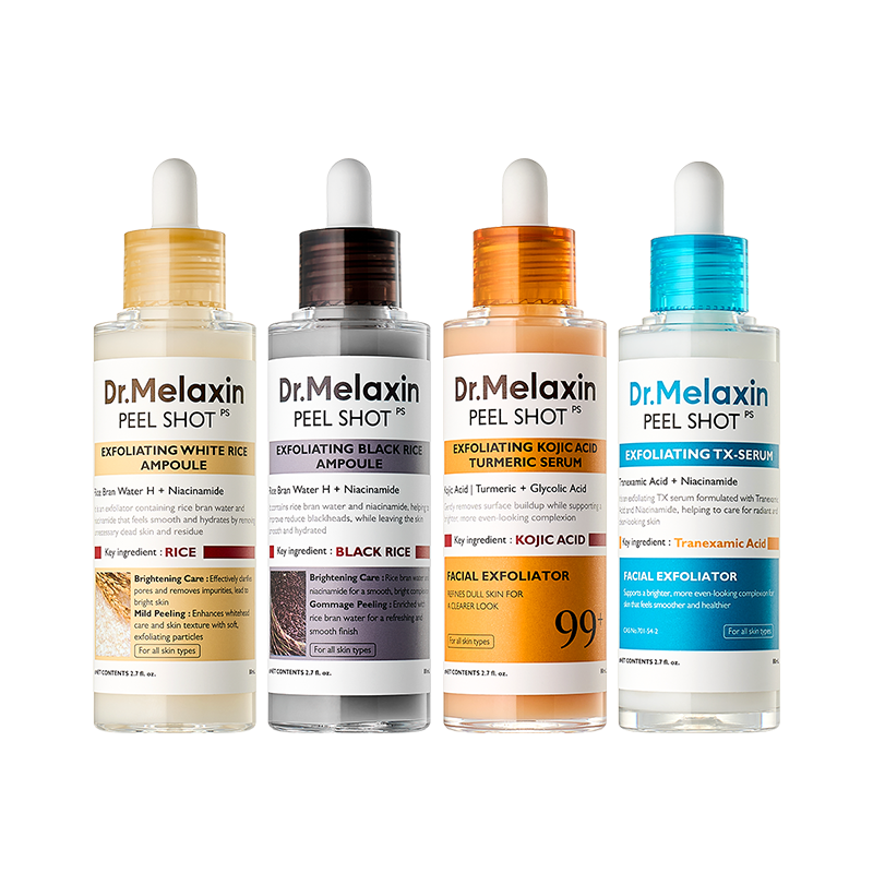 Set of four Dr.Melaxin Peel Shot exfoliating ampoules in different types, showcasing clear bottles with labels and dropper caps.