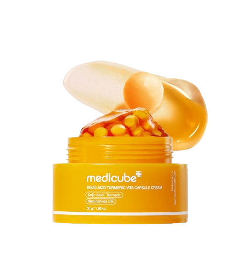 Medicube Turmeric Glow Complete 7-step skincare set with cleanser, toner, serum, and moisturizer in a skincare kit.