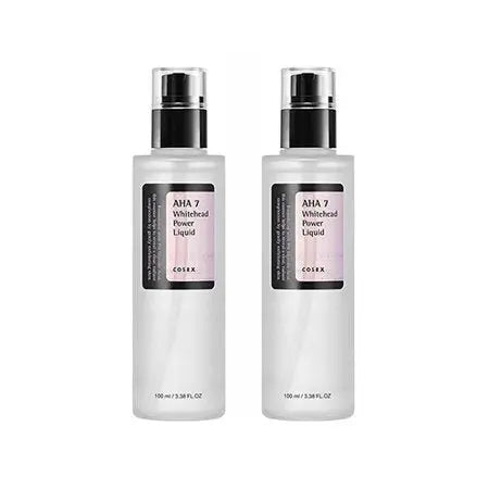 Two bottles of COSRX AHA 7 Whitehead Power Liquid face toner, 100ml each, in a 2-pack set with clear bottles and white liquid inside.