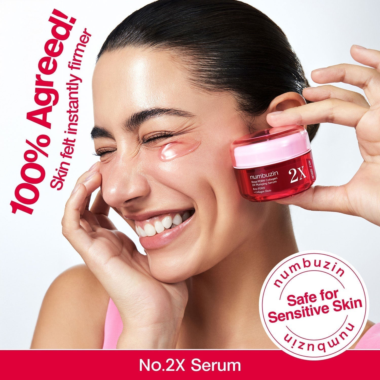 Numbuzin No.2 Rose PDRN Collagen 2X Plumping Face Serum with collagen shot in a 30ml bottle.