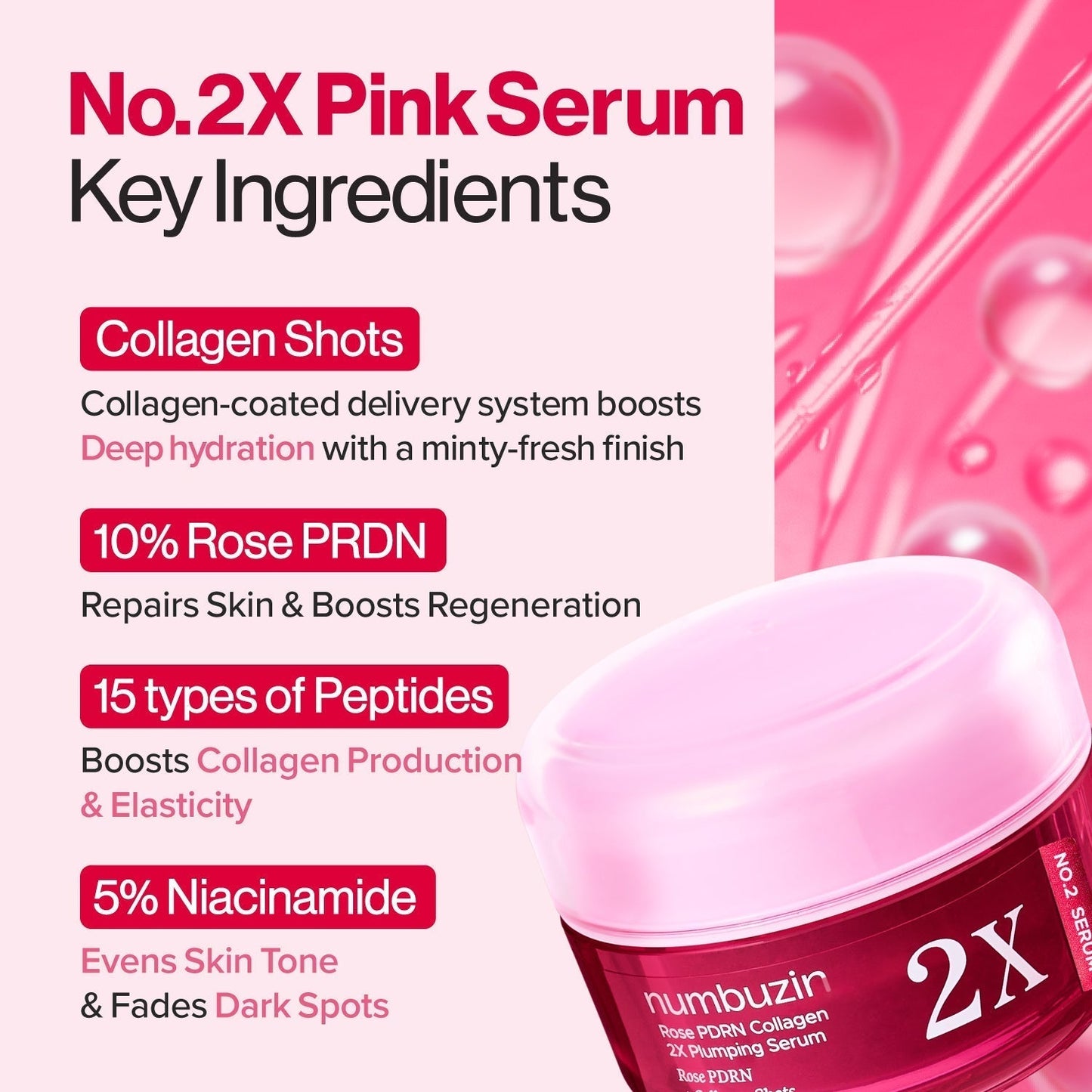 Numbuzin No.2 Rose PDRN Collagen 2X Plumping Face Serum and Collagen Shot 30ml bottle with rose and serum applicator