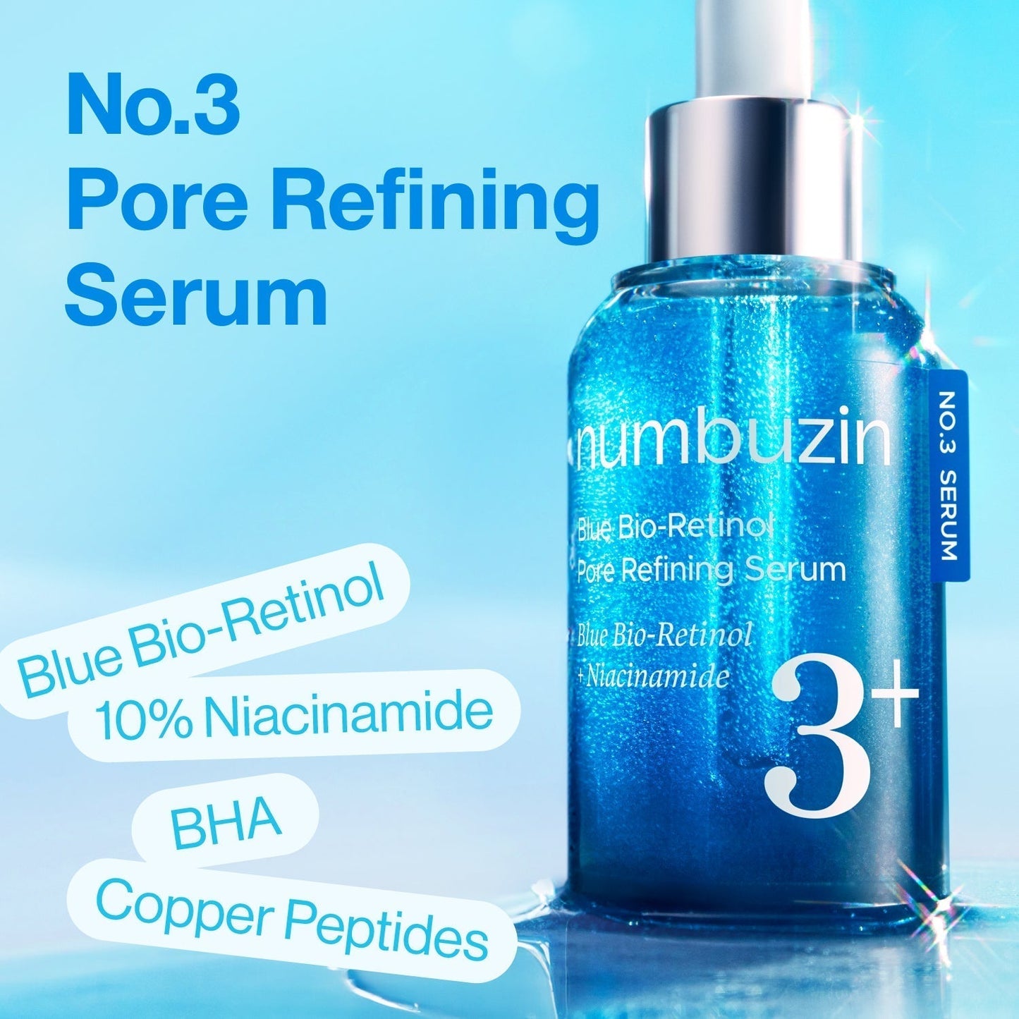 Numbuzin No.3 Blue Bio-Retinol face serum bottle with a blue and white label, 30ml size, for pore refining and skin renewal.
