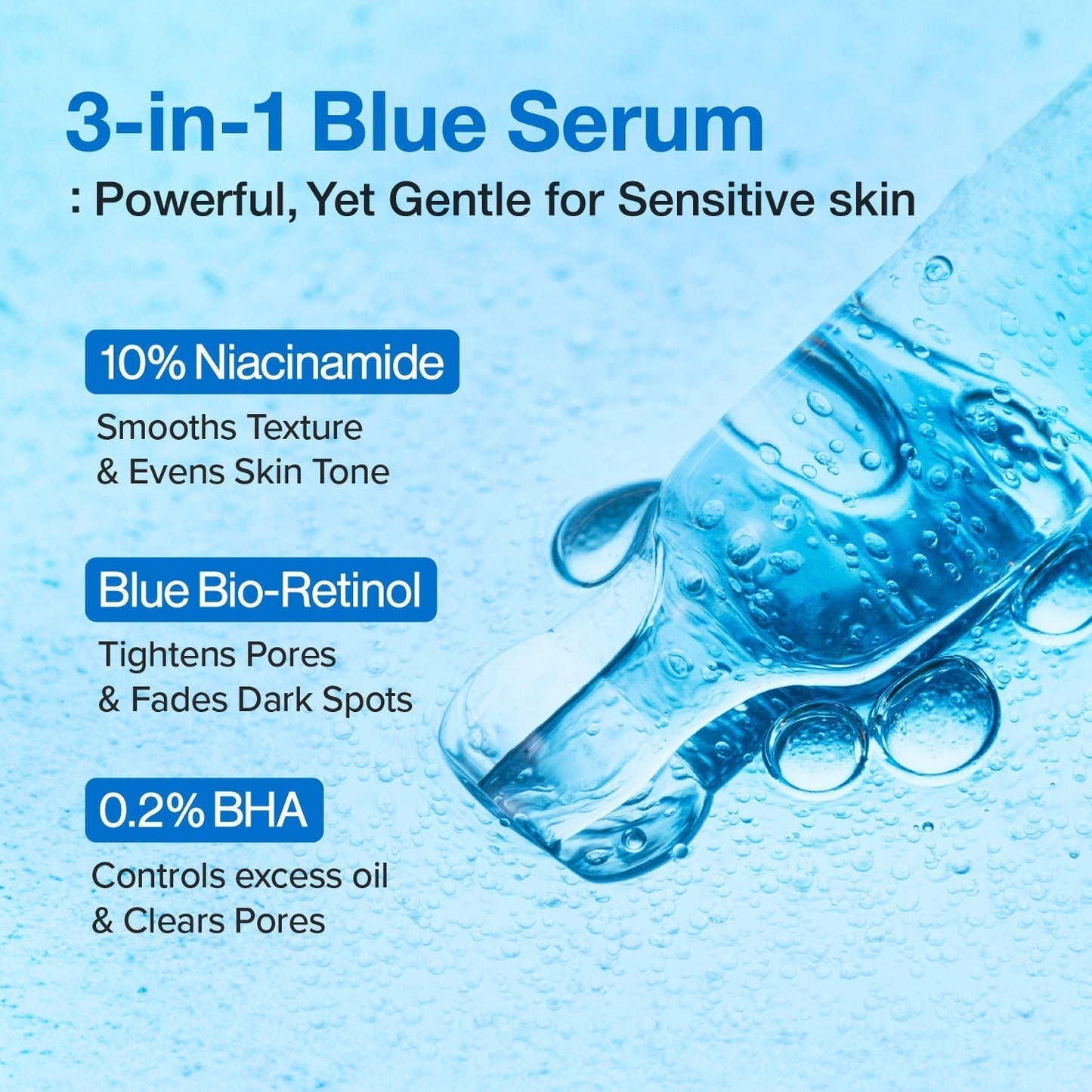 Numbuzin No.3 Blue Bio-Retinol Face Serum bottle with applicator for pore refining and skin brightening.