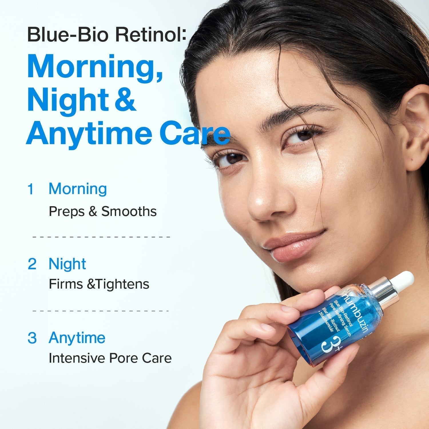 Numbuzin No.3 Blue Bio-Retinol face serum in a 30ml bottle, featuring a sleek blue packaging with serum dropper.