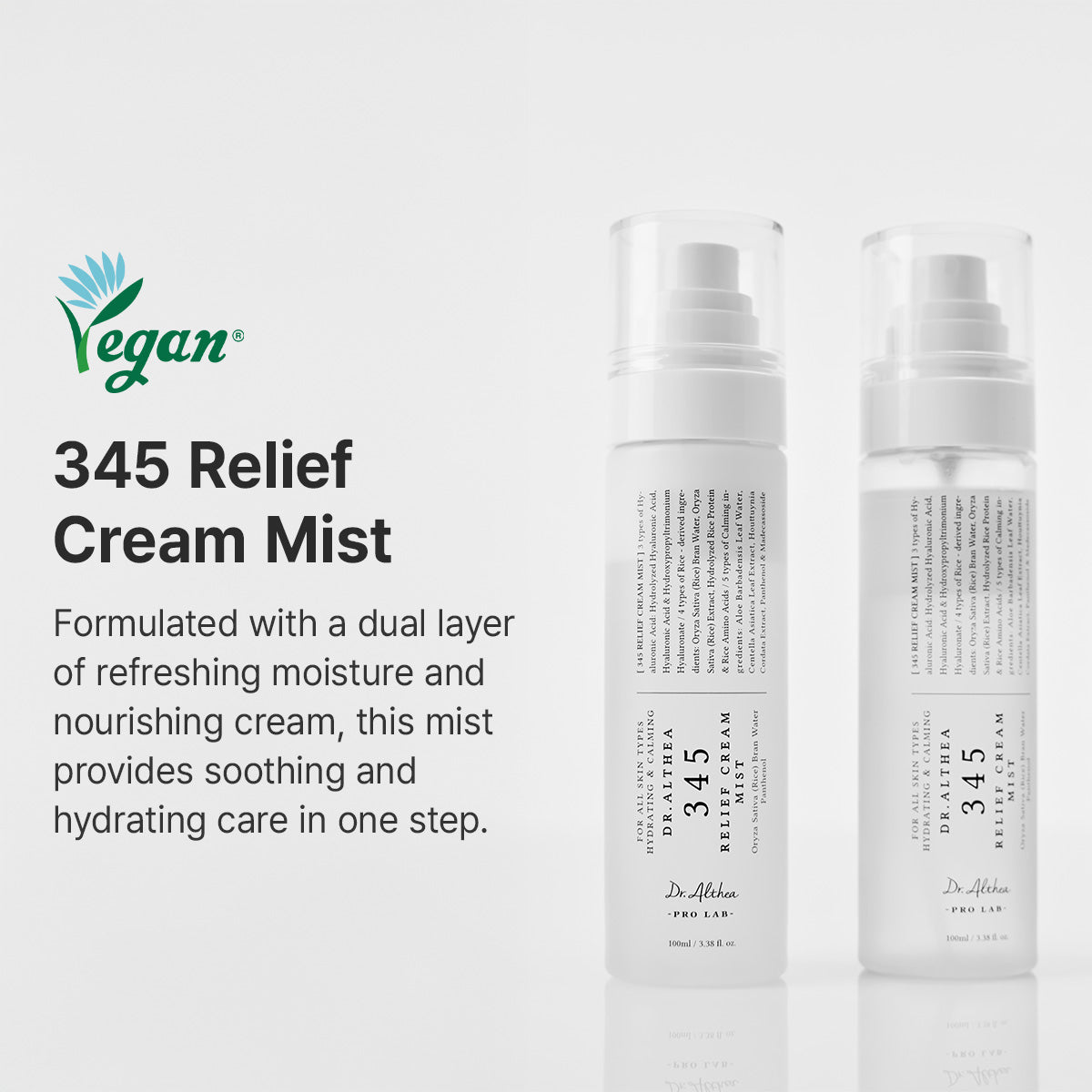 DR ALTHEA Relief & Glow Mist Duo bottles with clear packaging and misting spray nozzles, showcasing skincare product design.