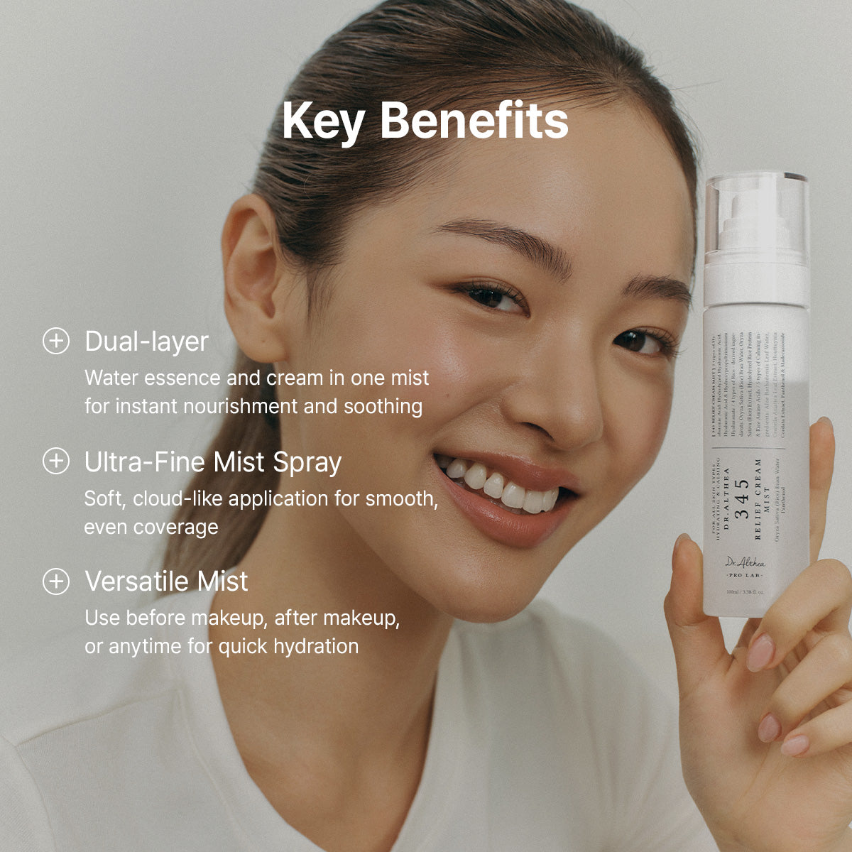 DR ALTHEA Relief & Glow Mist Duo bottles with clear spray nozzles, featuring white and pastel-colored packaging.