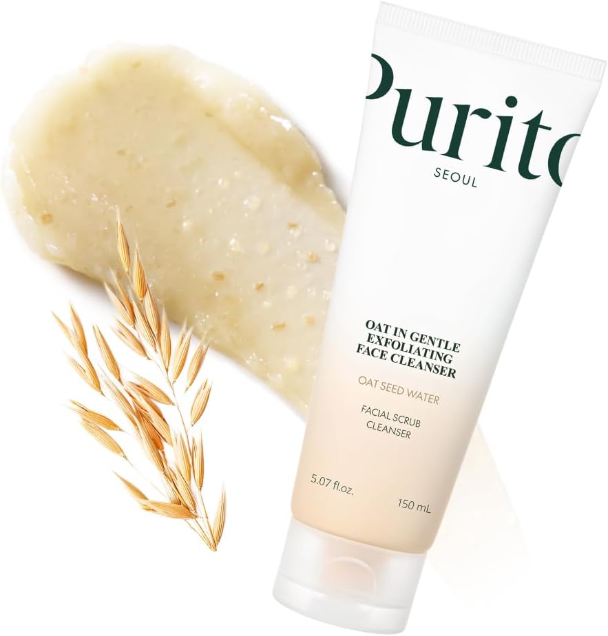 PURITO Oat In Gentle Exfoliating Face Cleanser in a white tube with blue accents, designed for gentle skin cleansing and exfoliation.