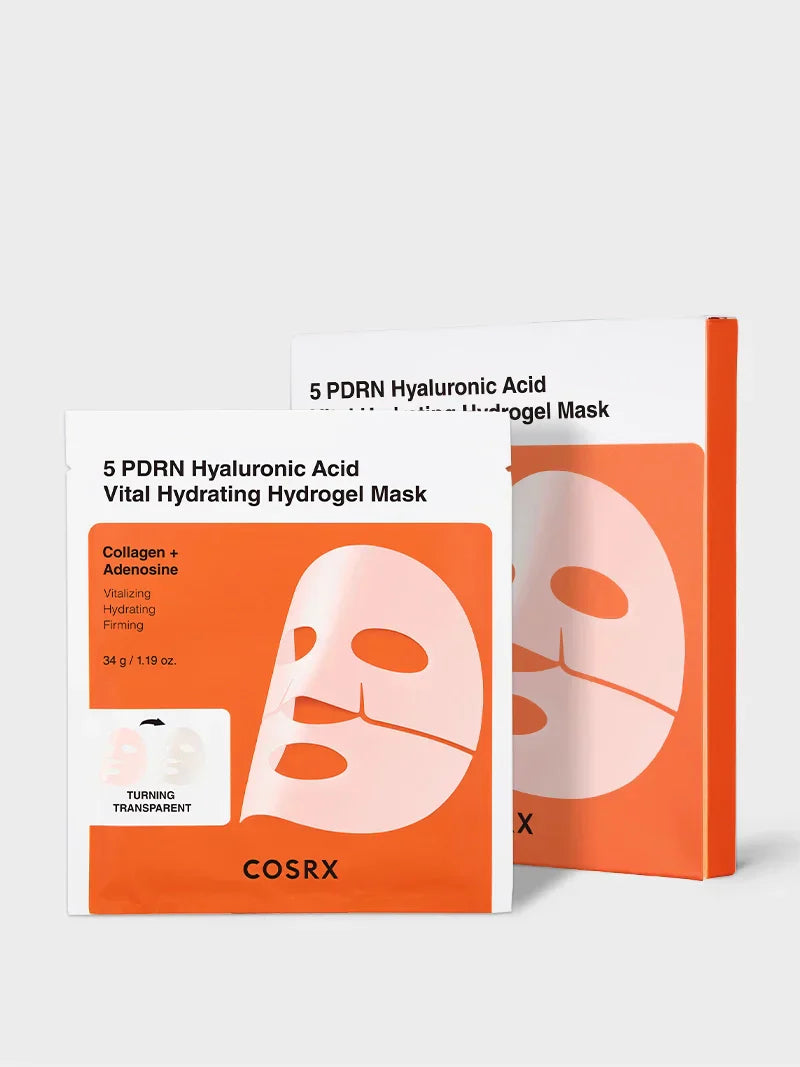 COSRX 5 PDRN Hyaluronic Acid Vital Hydrating Hydrogel Mask shown on a resting face, emphasizing its soothing, moisturizing properties.