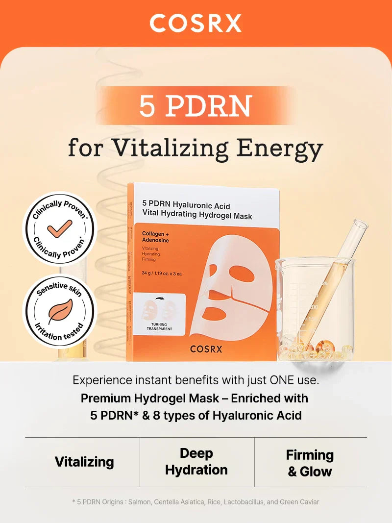 COSRX 5 PDRN Hyaluronic Acid Vital Hydrating Hydrogel Mask shown on a skincare model's face, emphasizing hydration and soothing benefits