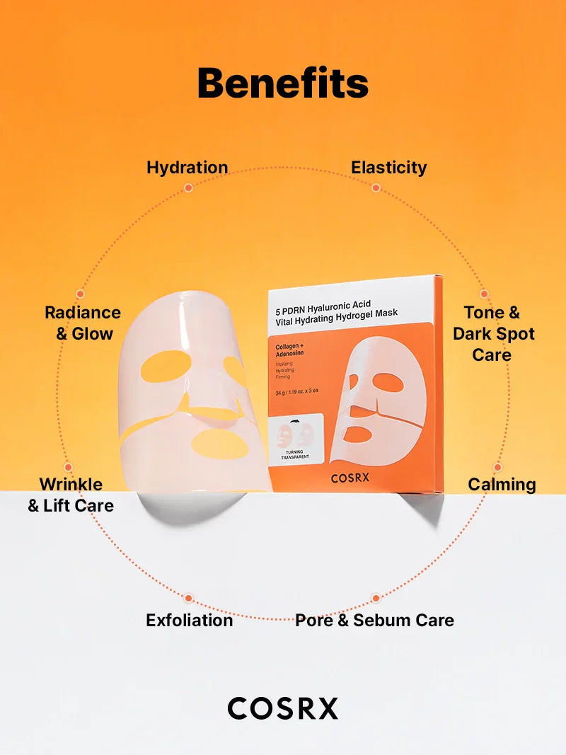 COSRX 5PDRN Hyaluronic Acid Vital Hydrating Hydrogel Mask spread open, showing its soothing gel texture for deep skin hydration.