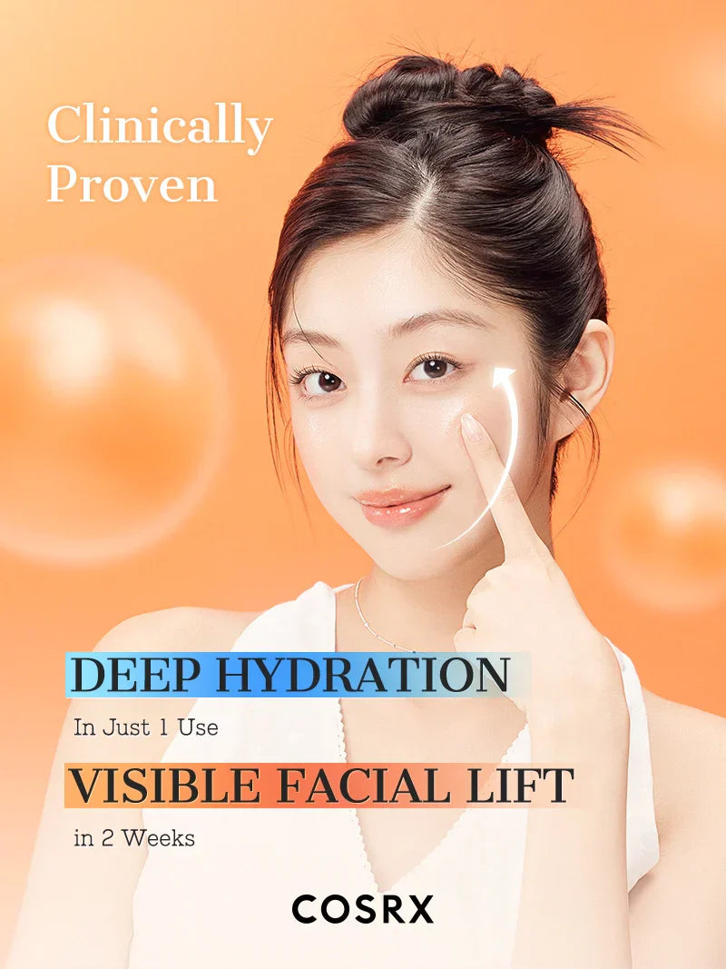 COSRX 5 PDRN Hyaluronic Acid Vital Hydrating Hydrogel Mask shown on a skincare model with a fresh, glowing complexion.